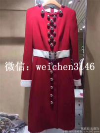 2017秋冬新款欧美高端女装羊毛撞色红色多扣长袖连衣裙